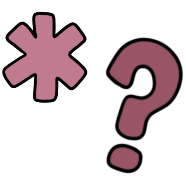 pink asterisk and tilted darker pink question mark